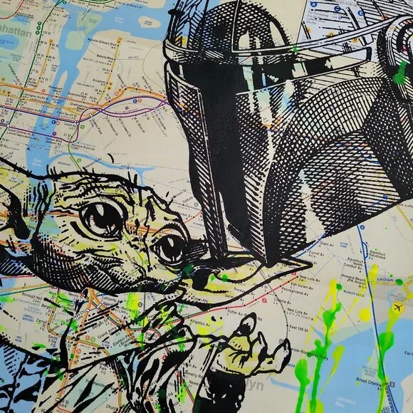 Handpainted Star Wars Mandalorian & Baby Yoda Grogu Acrylic paint on NYC Map - Picture 4 of 5